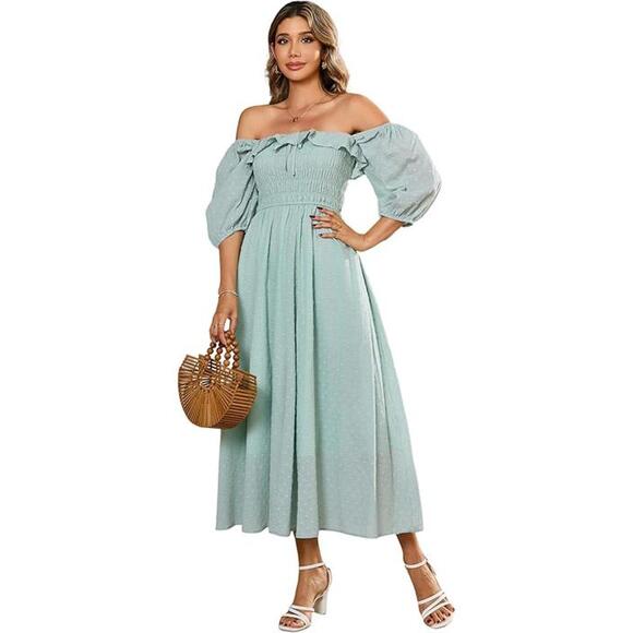 R.VIVIMOS Off-Shoulder Smocked Midi Dress – Size Medium ✨ - Picture 2 of 7